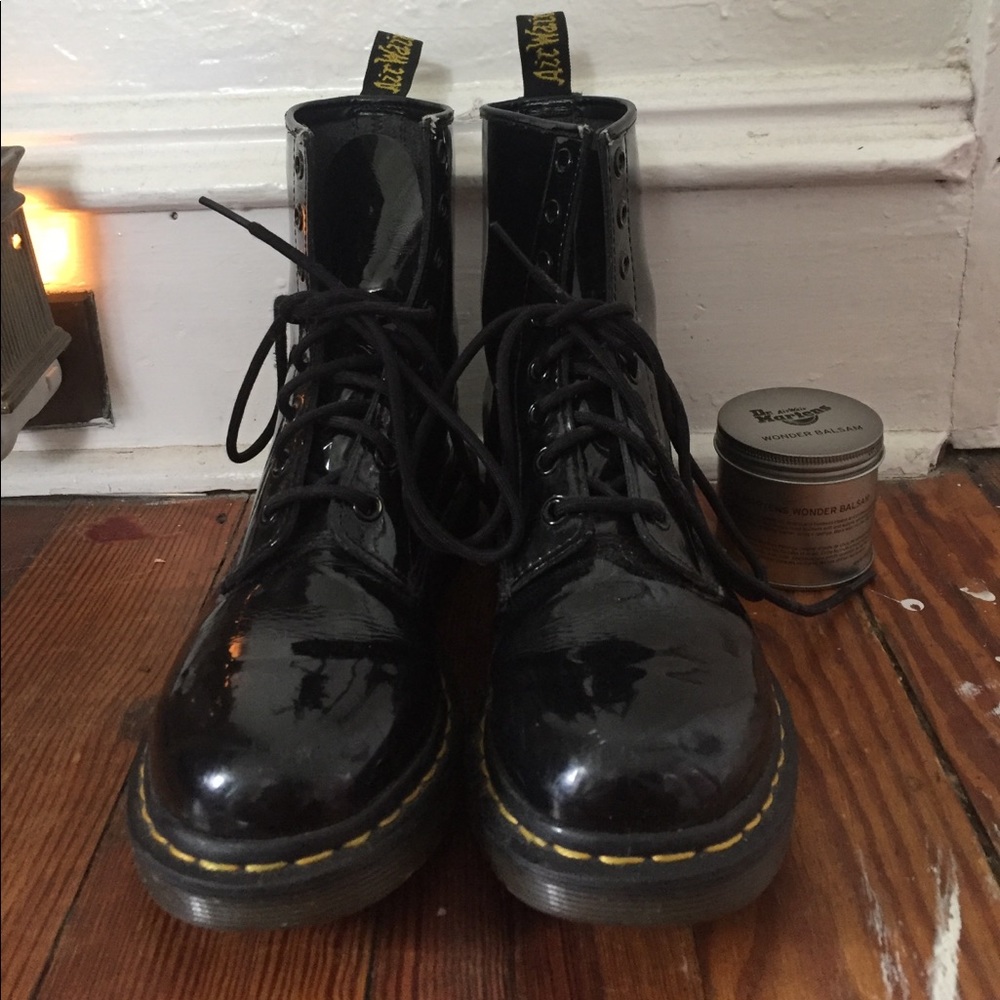 Shiny black doc Martens with wonder balm