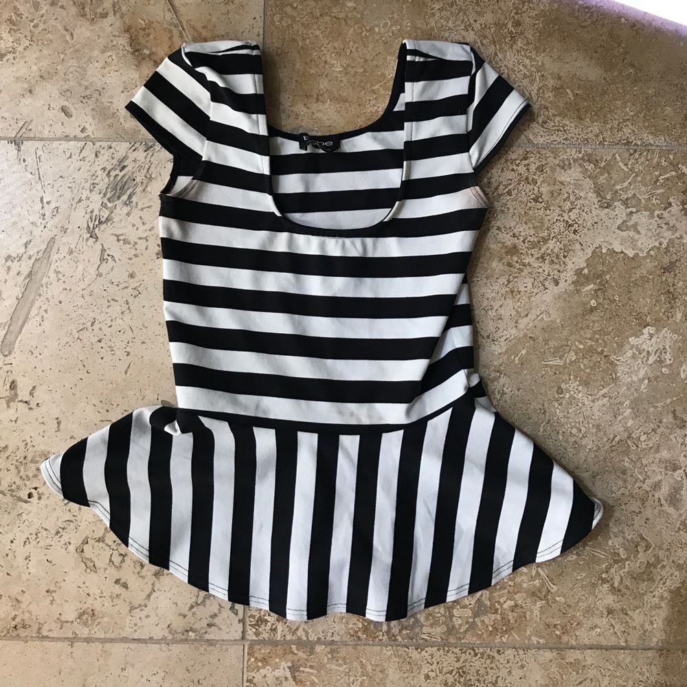 Bebe Peplum Black White Striped Top XS