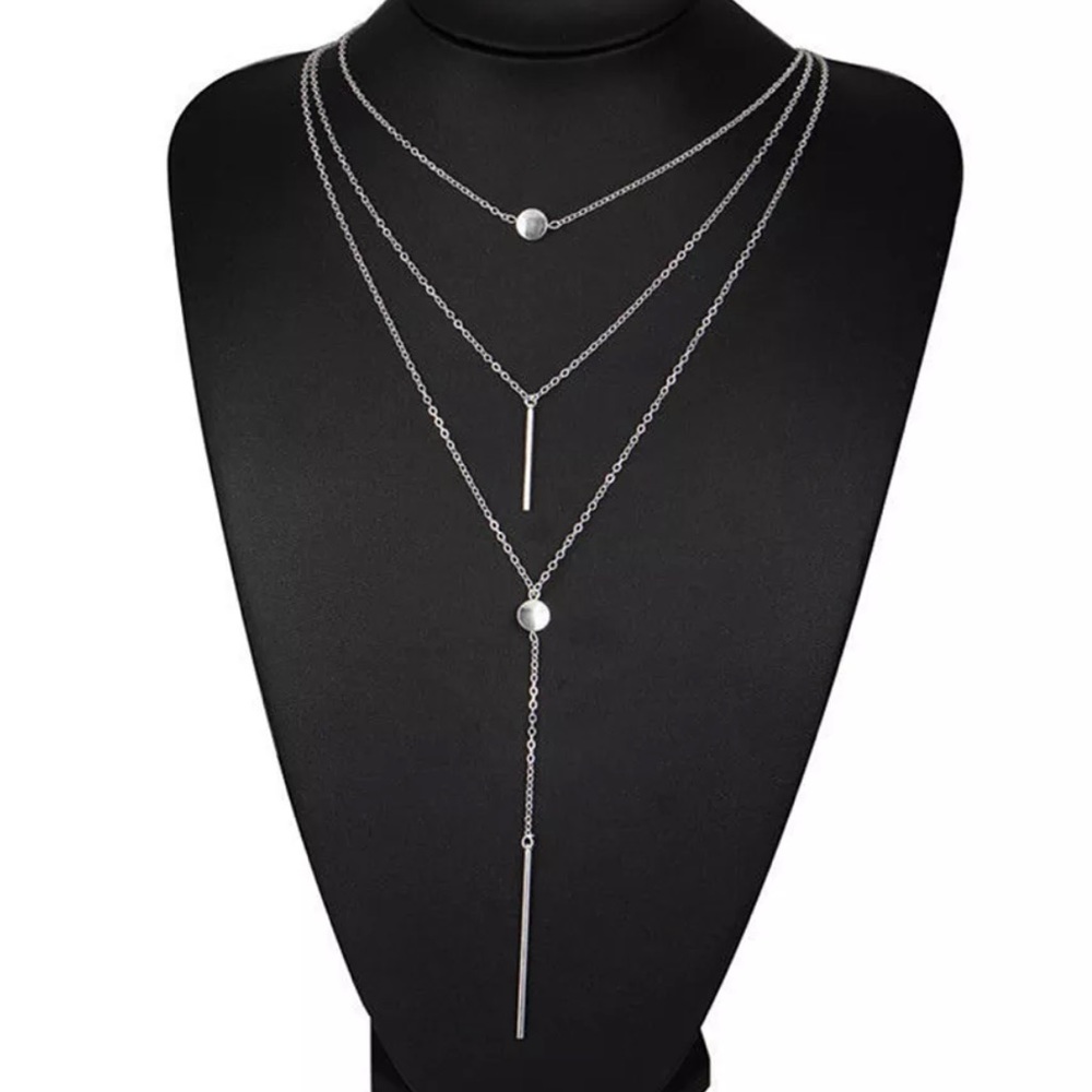Silver multi layered choker coin bar necklace