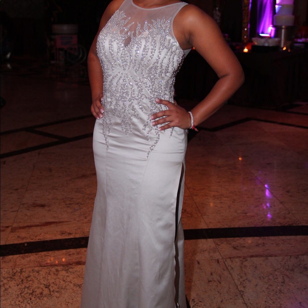 Gorgeous Beading Illusion Floor Length Satin Dress