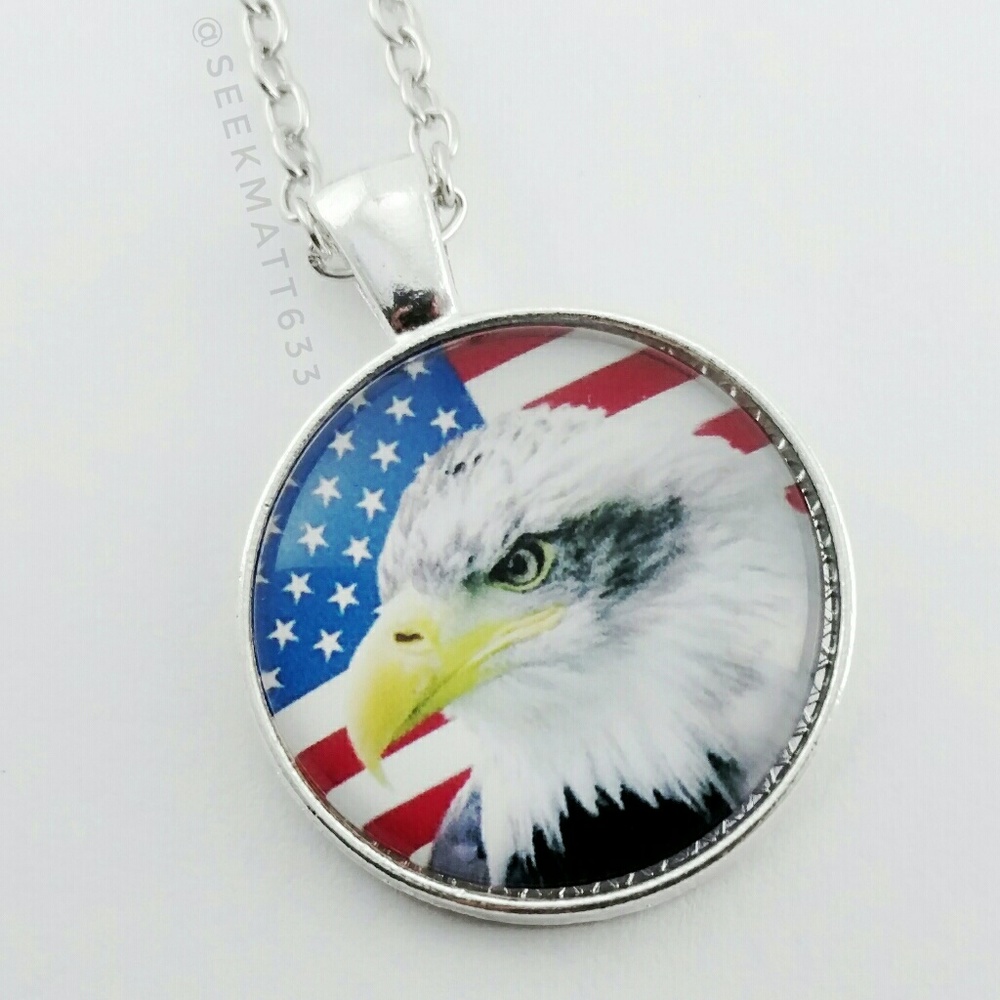Eagle with American USA Flag Silver Necklace