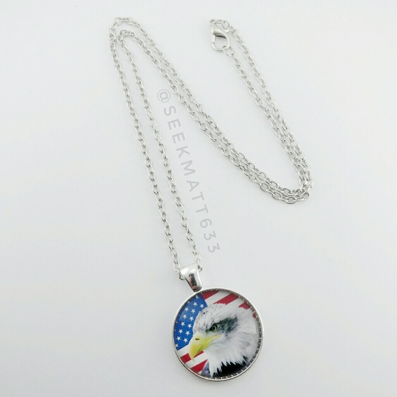 Eagle with American USA Flag Silver Necklace - Picture 2 of 4