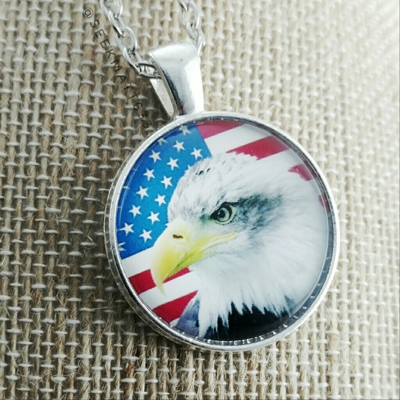 Eagle with American USA Flag Silver Necklace - Picture 3 of 4