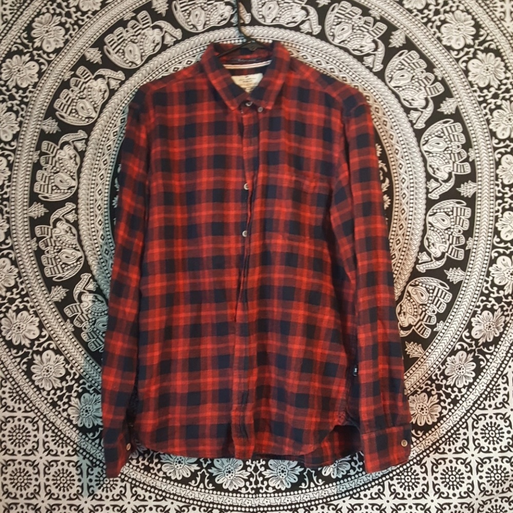 Red and navy blue plaid flannel