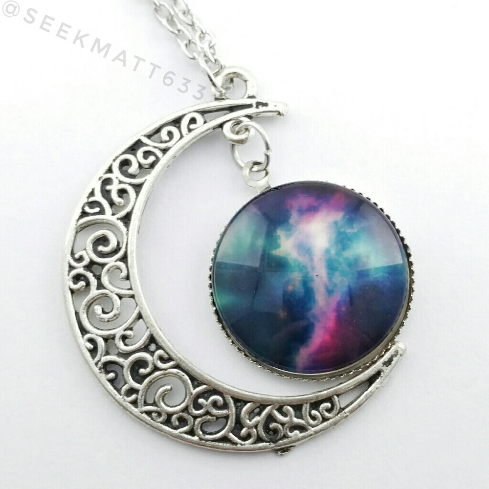 Galaxy Nebula with Cresent Moon Silver Necklace