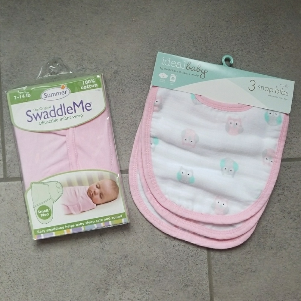 Pink Summer SwaddleMe wrap and Pink Owl Bibs