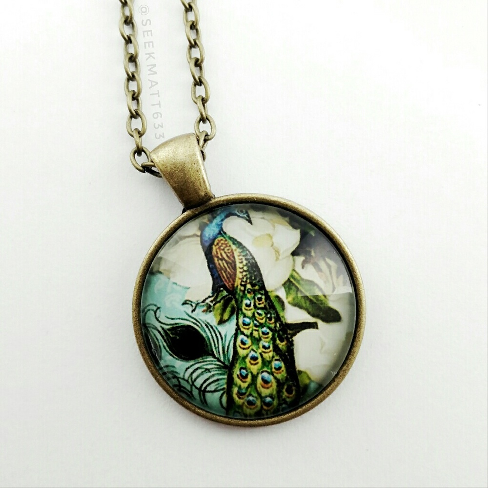 Peacock Image Glass Tile Bronze Necklace