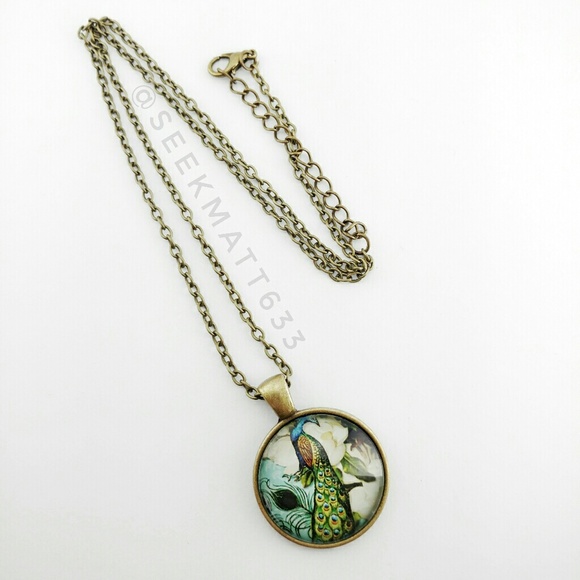 Peacock Image Glass Tile Bronze Necklace - Picture 2 of 4