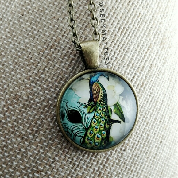 Peacock Image Glass Tile Bronze Necklace - Picture 3 of 4
