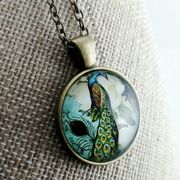 Peacock Image Glass Tile Bronze Necklace - Picture 4 of 4
