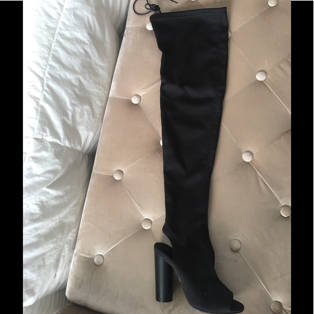 Thigh high open toe heels