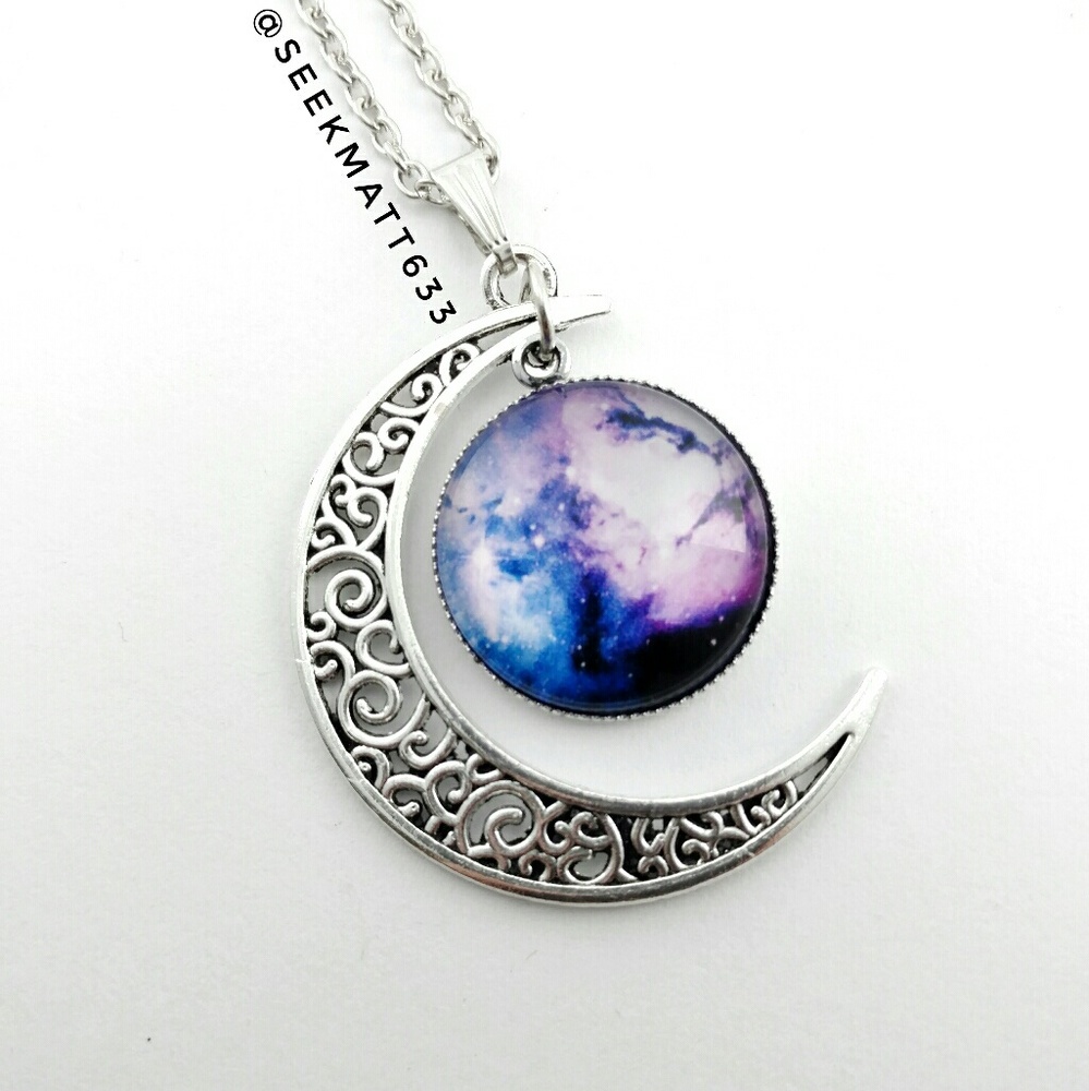 Crescent Moon with Galaxy Nebula Silver Necklace