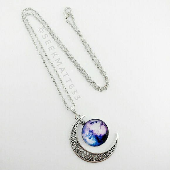 Crescent Moon with Galaxy Nebula Silver Necklace - Picture 2 of 4