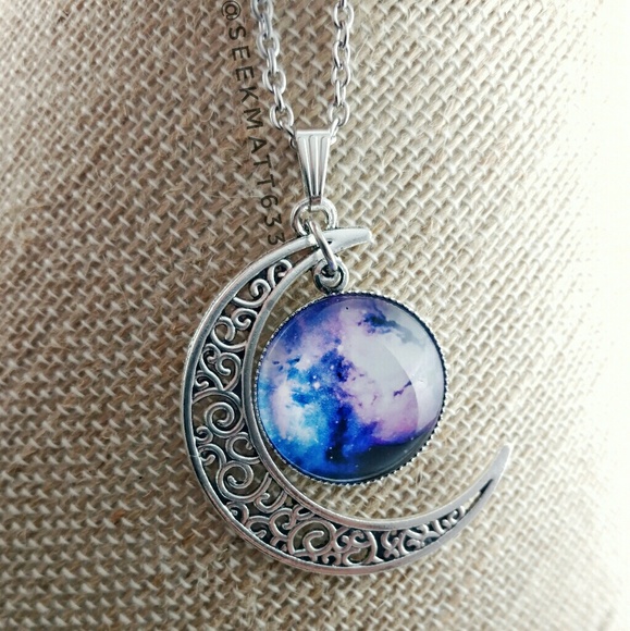 Crescent Moon with Galaxy Nebula Silver Necklace - Picture 3 of 4