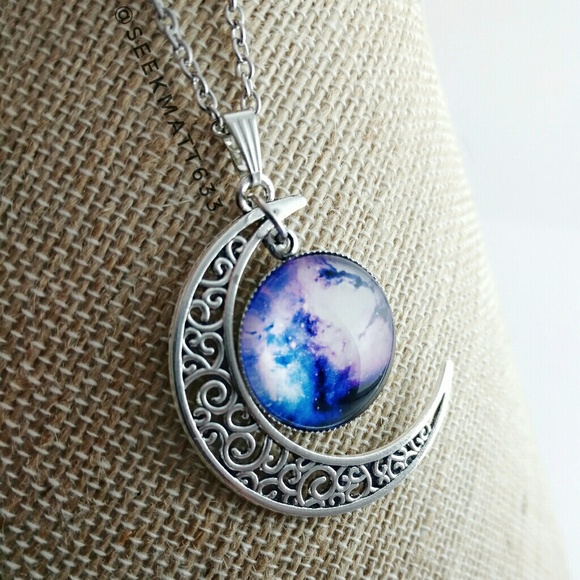 Crescent Moon with Galaxy Nebula Silver Necklace - Picture 4 of 4