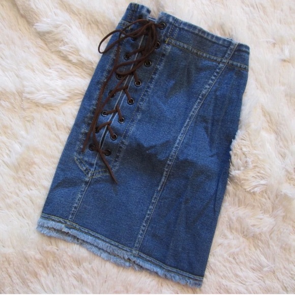 PINK Victoria's Secret Dresses & Skirts - Victoria's Secret lace up fringe denim mini skirt!