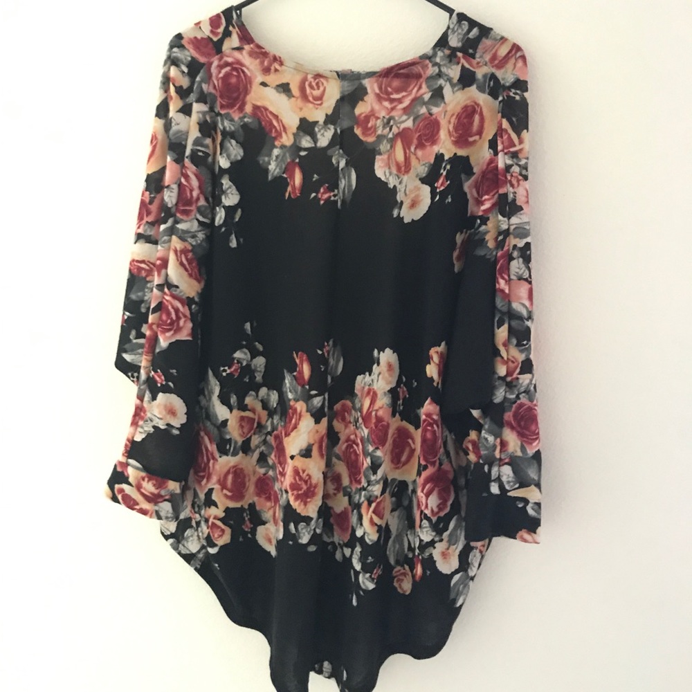 Mauve Floral Kimono & Black Toms Wedges