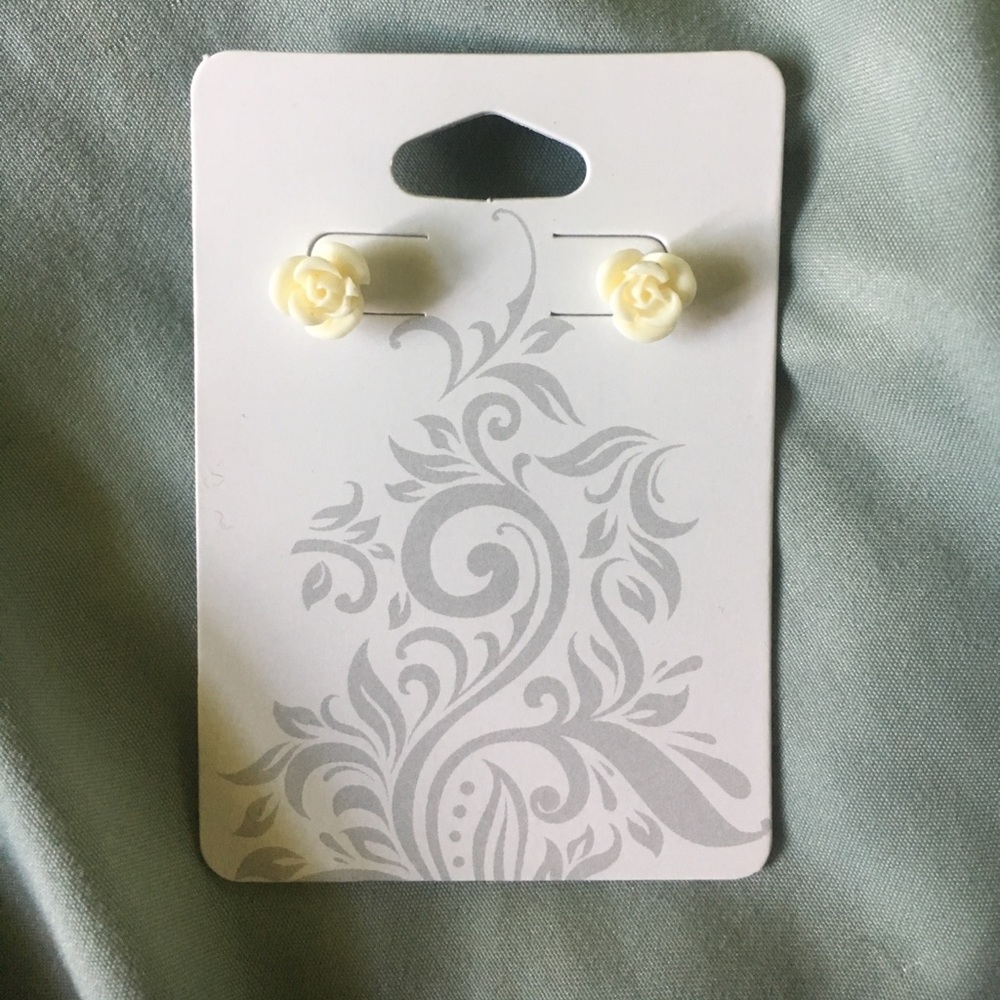 Silver, white rose post earrings