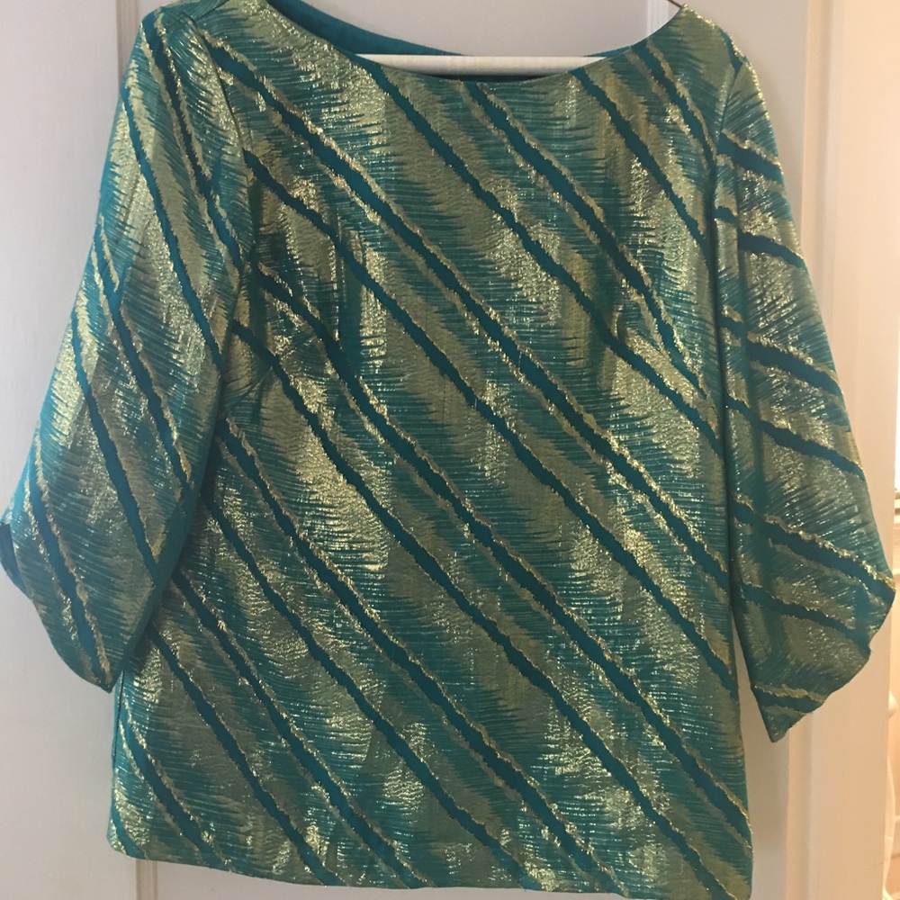 Trina Turk teal & gold blouse