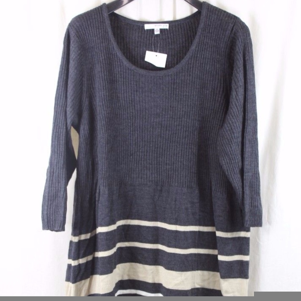 STUDIO ONE GRAY BEIGE STRIPED 3/4 SLEEVE DRESS 2X