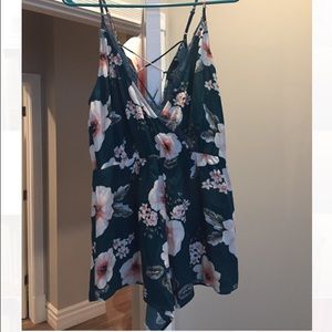 Dark Green Floral Romper w/ Lace Up Back