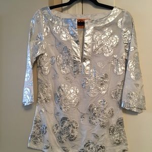 Tory Burch White tunic/distressed silver flowers.