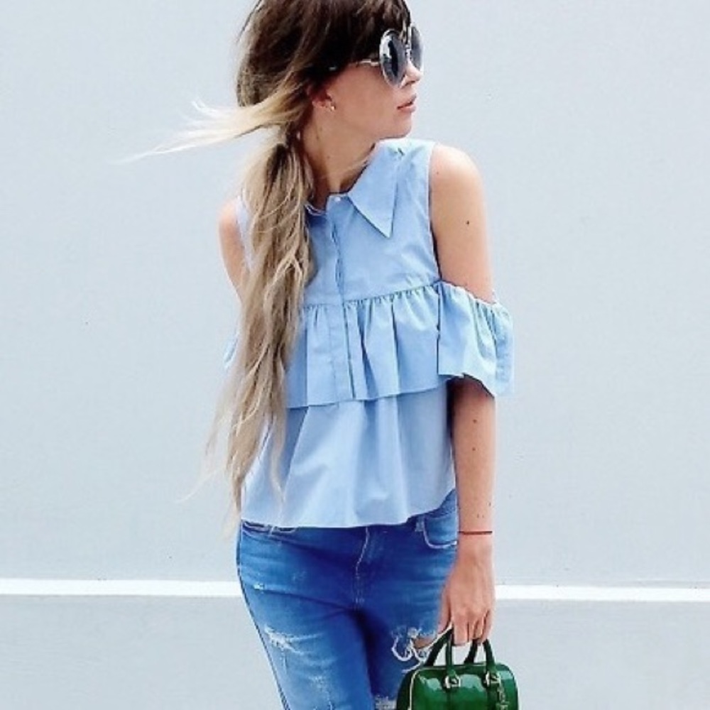 Zara cold / off the shoulder ruffled button blouse