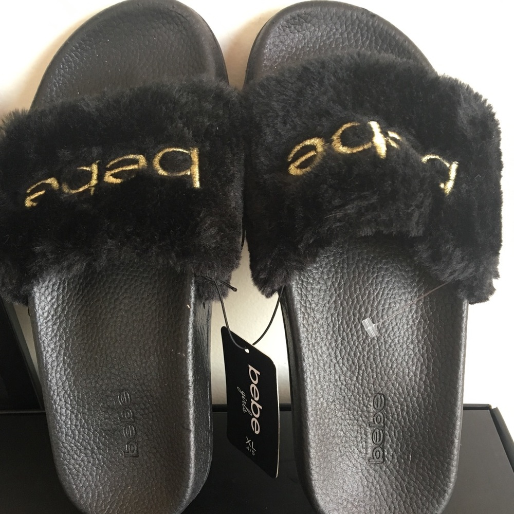 Bebe Women's Faux Fur Black Slides Size 4/5 XL