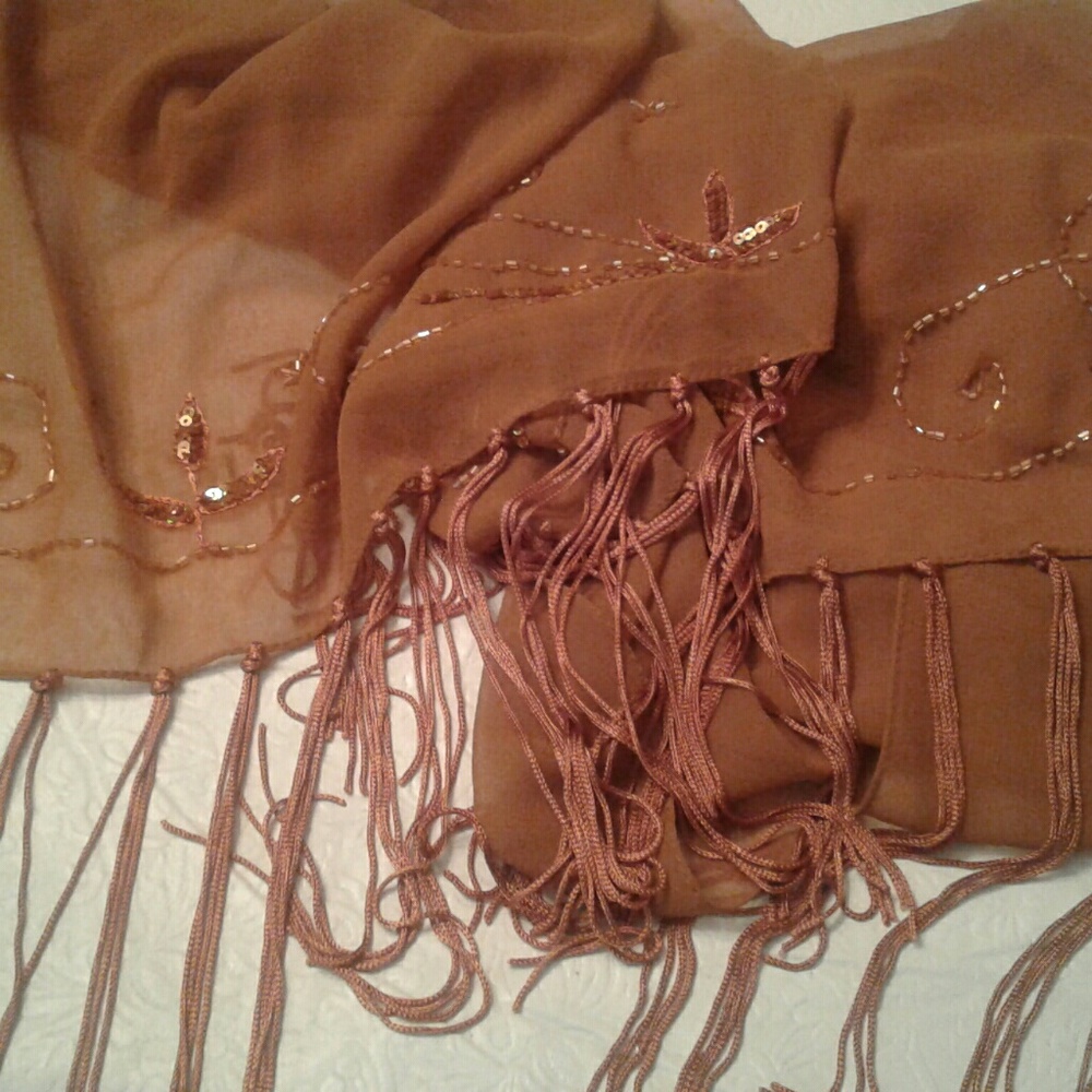 Vintage Bijoux Ternier trimmed rust beaded scarf