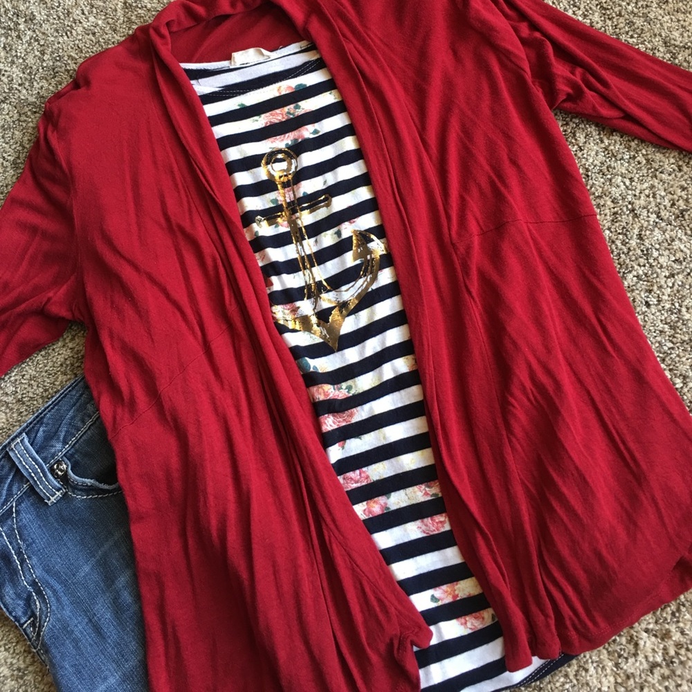 Red knit cardigan