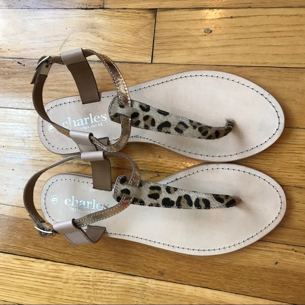 Calf hair and leather flat sandals