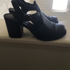 Black heeled open boots. Very comfortable