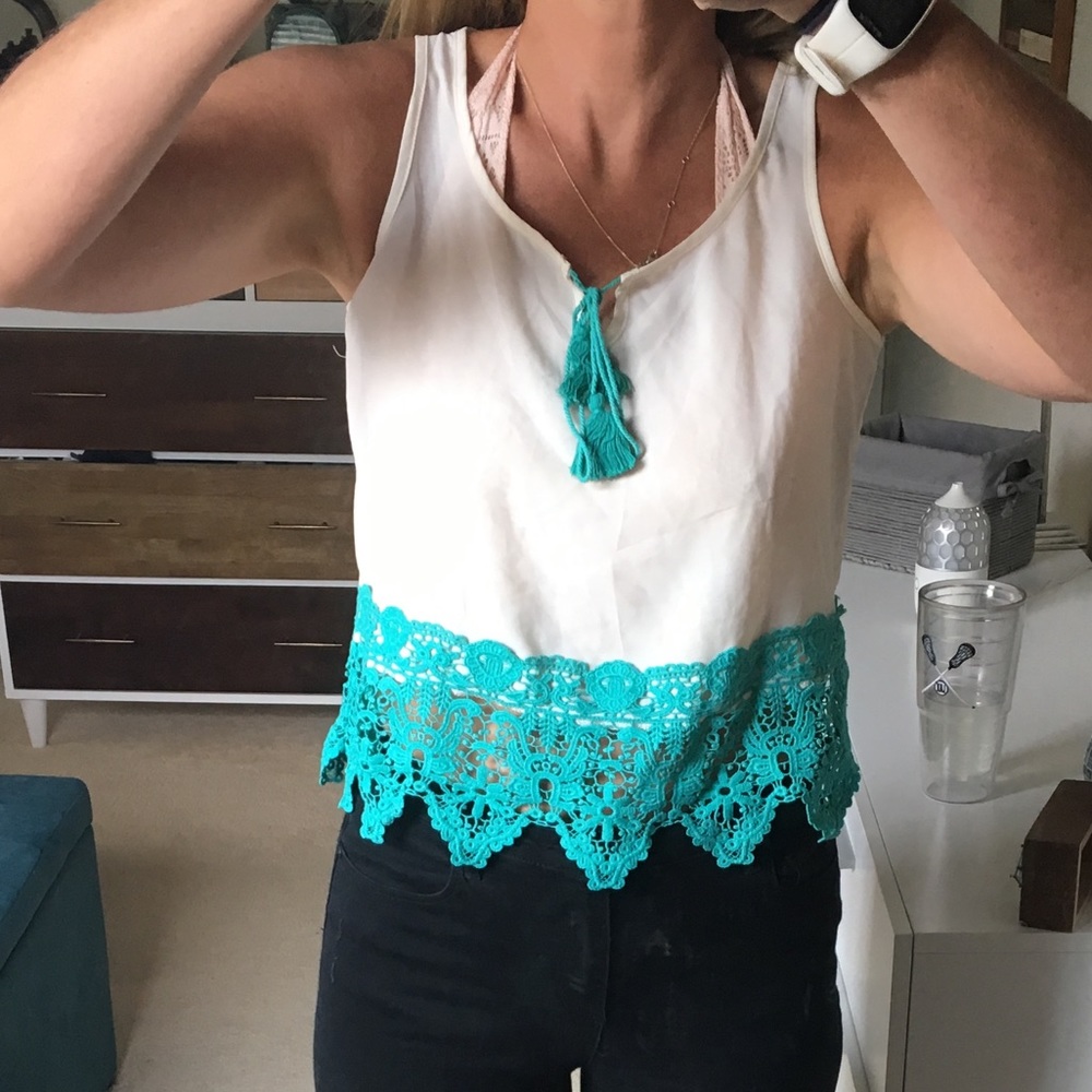Cream and turquoise woven tank