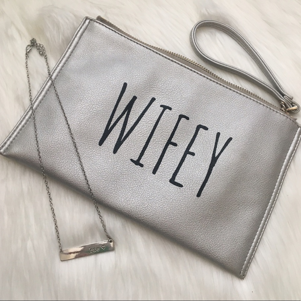 Silver Duo Wifey Clutch and BAE Bar Necklace