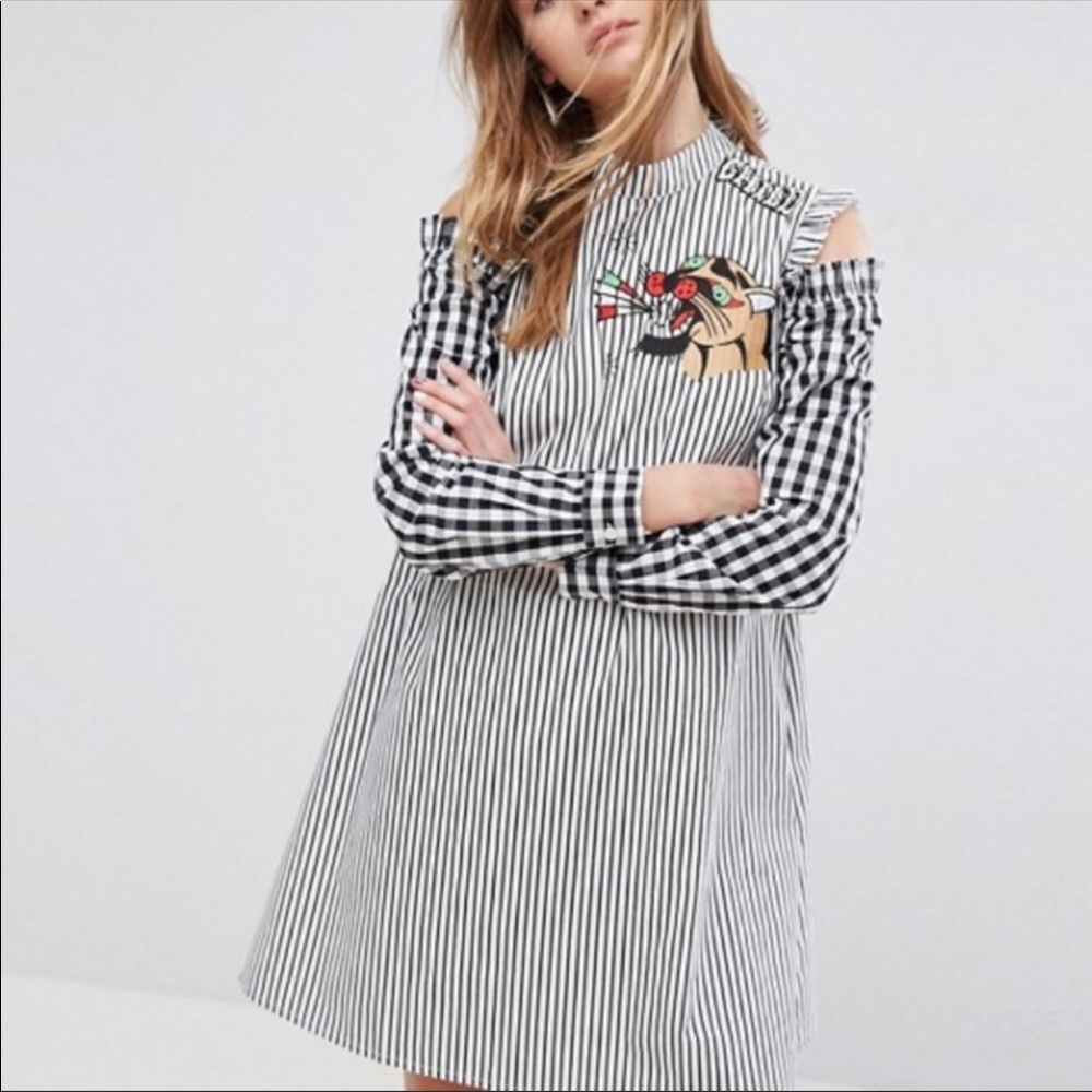 Embroidered Cold shoulder Gingham shift dress