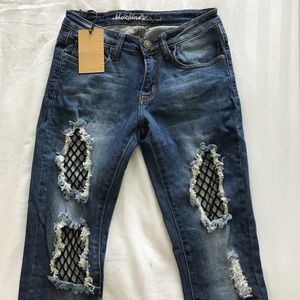 Destroyed Fishnet Midrise Skinny Jeans