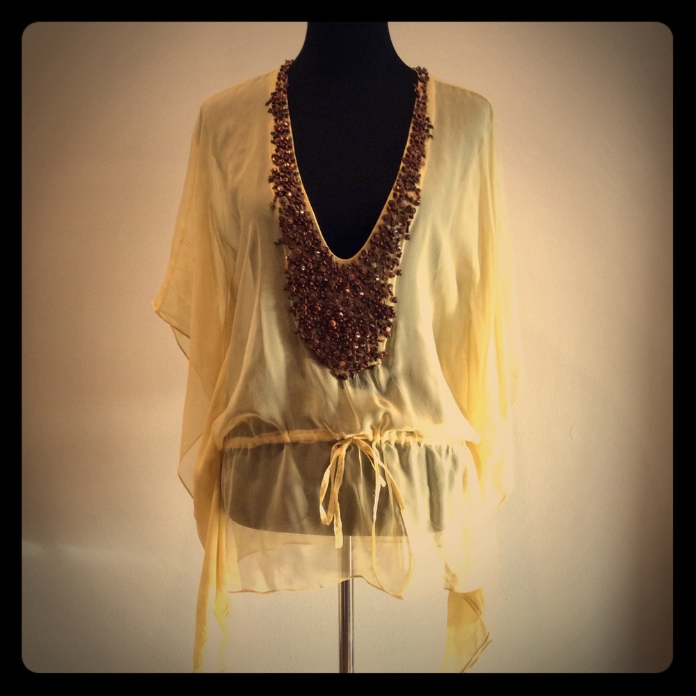 Bela Silk Sheer Blouse W/ Embellished Beaded VNeck