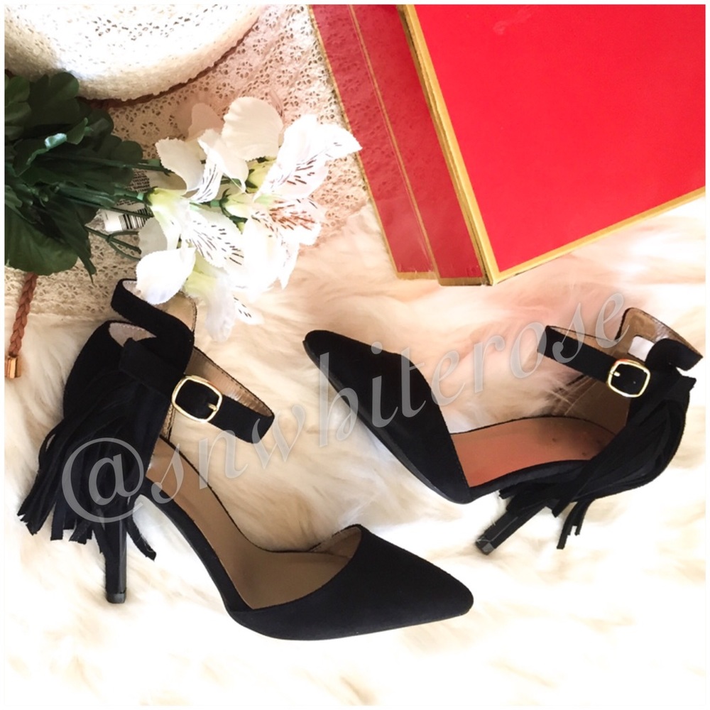 Black Fringe Ankle Strap Heels