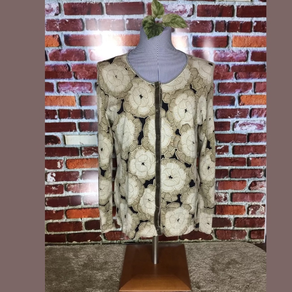 SIGRID OLSEN BROWN FLORAL BUTTON-DOWN SWEATER