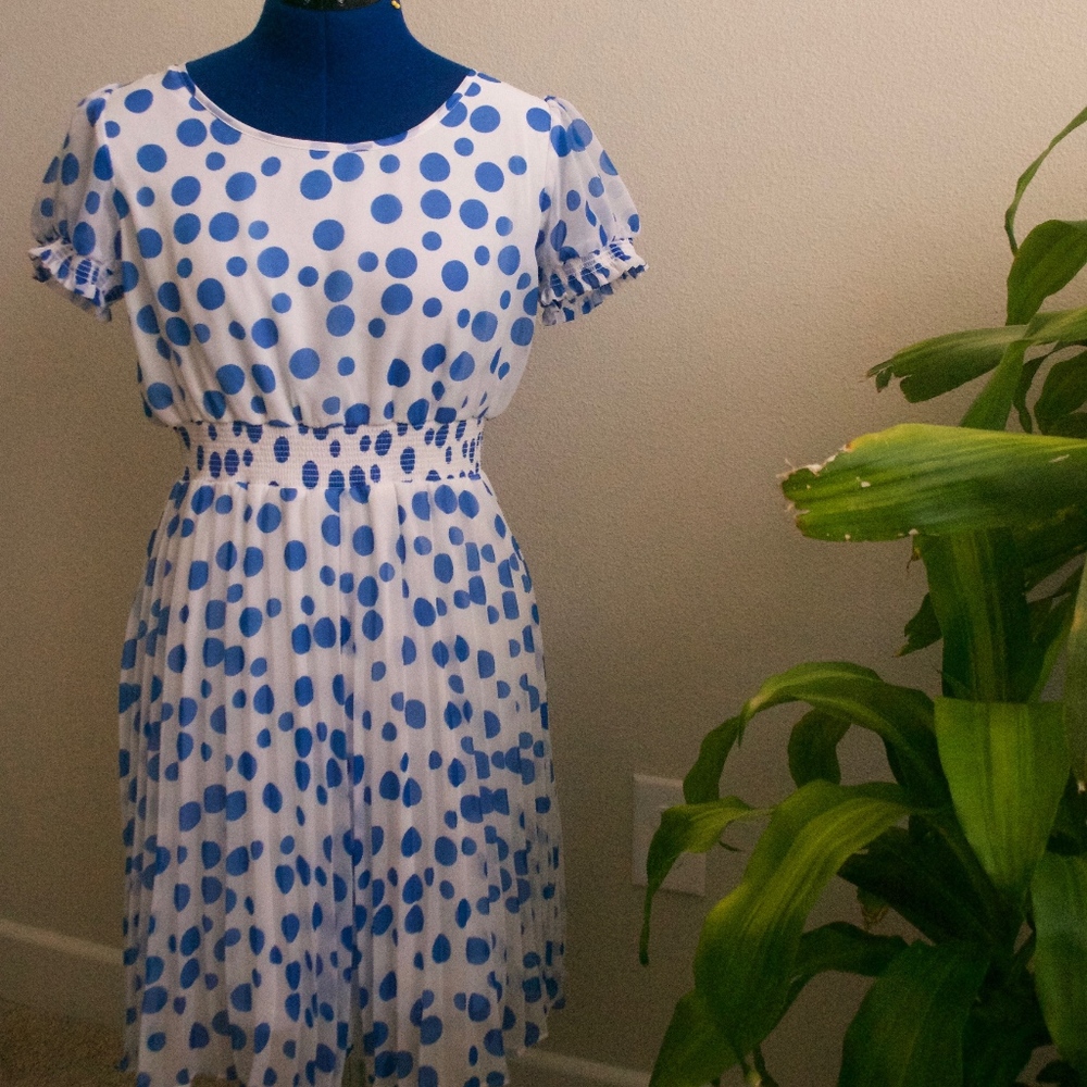White Dress with Blue Polka Dots