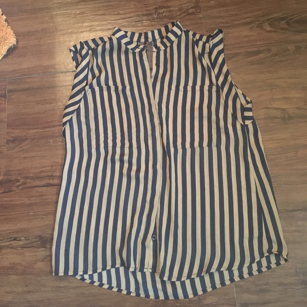 Tan and navy striped sheer top