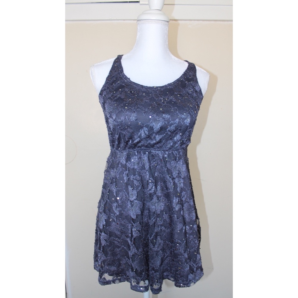 blue lace bedazzled rhinestone mini dress