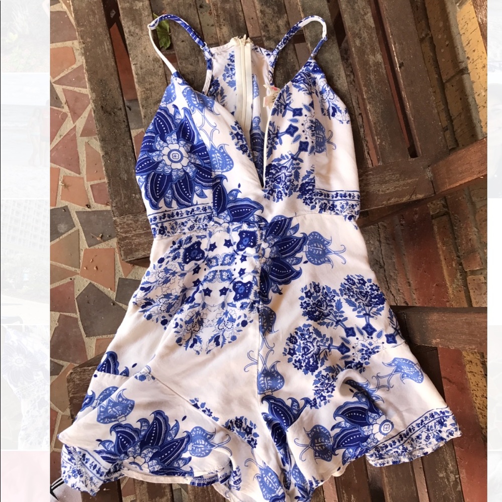 Blue and white soft floral romper