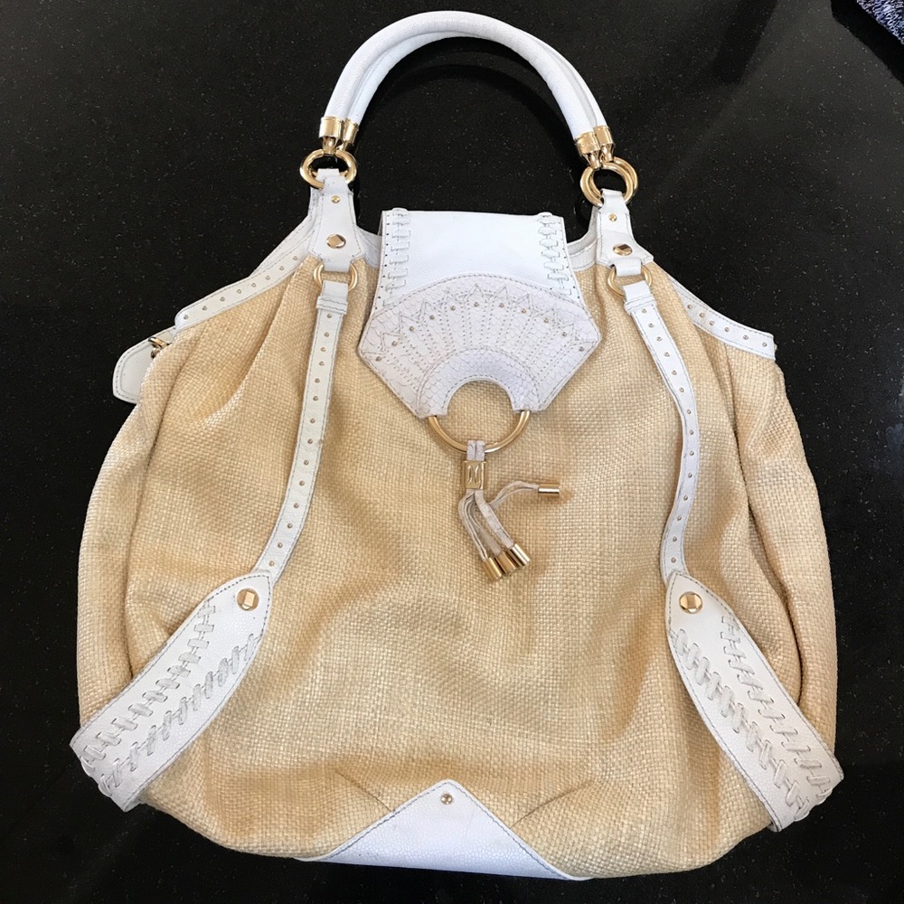 COLE HAAN COLLECTION WOVEN RATAN & LEATHER HANDBAG