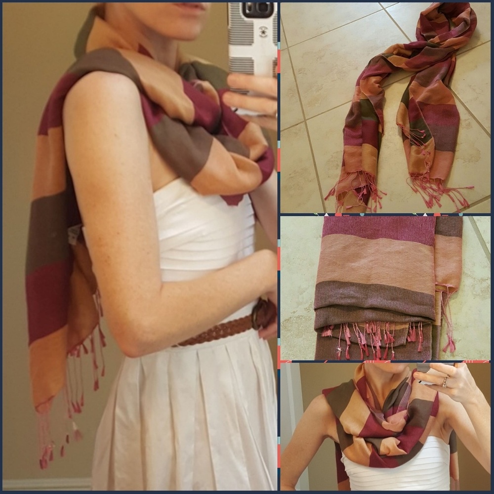 Silk scarf, tri-color stripe with pink tassle ends