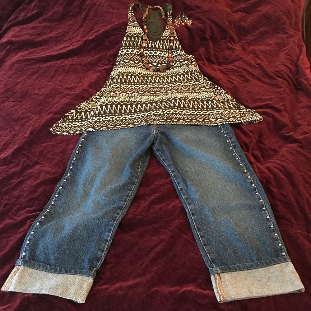 Crocheted Racer Back Boho Festival Print Tank Top