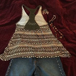 Crocheted Racer Back Boho Festival Print Tank Top