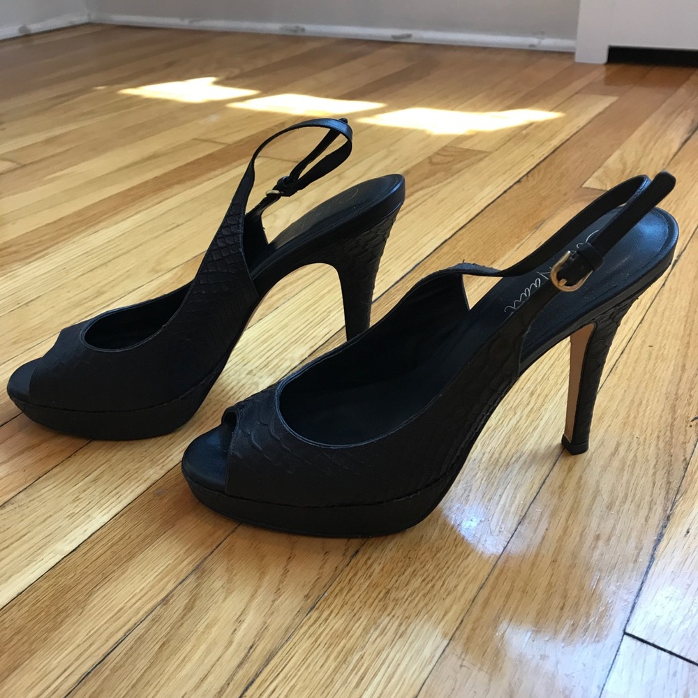 Black leather peeptoe platform slingbacks