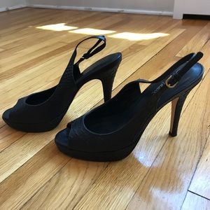 Black leather peeptoe platform slingbacks