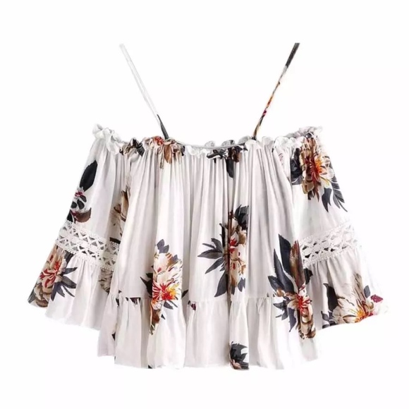 Up to XXL! Sexy Off shoulder Floral crop top - Picture 4 of 8